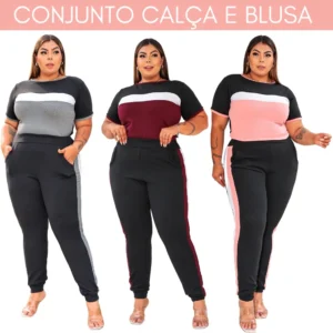 Conjunto Feminino Plus Size Calça Jogger e Blusa Manga Curta Crepe GG G1 G2 G3 Coleçao Premium Moda Plus Bloguerinha